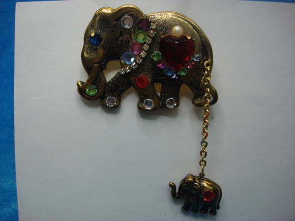Vintage Elephant & Calf Pin - Multicolored Stone Accents, Estate Collection