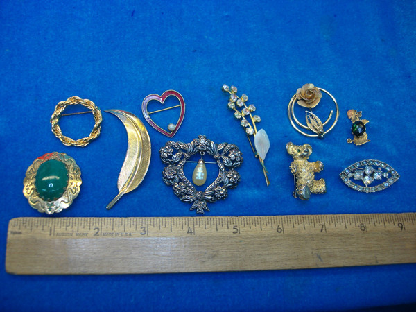 Vintage Costume Pin Lot of 10 - Unique & Usable Designs - Estate Jewelry Find