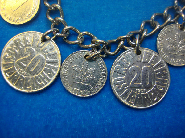 Vintage 1950s Austria Coin Bracelet - 9 Genuine Silver Tone Coins (7 Inch)