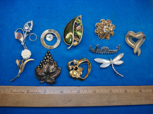 10 Piece Vintage Costume Pin Lot - Unique & Usable Estate Jewelry