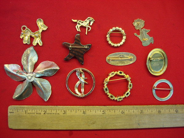 Estate Jewelry Lot of 10 Unique Vintage Costume Pins - Good Condition
