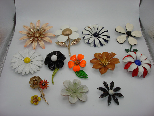 Vintage Enamel Floral Pins Set (12 pcs) 1940s-50s,  Unique Designs & Sizes