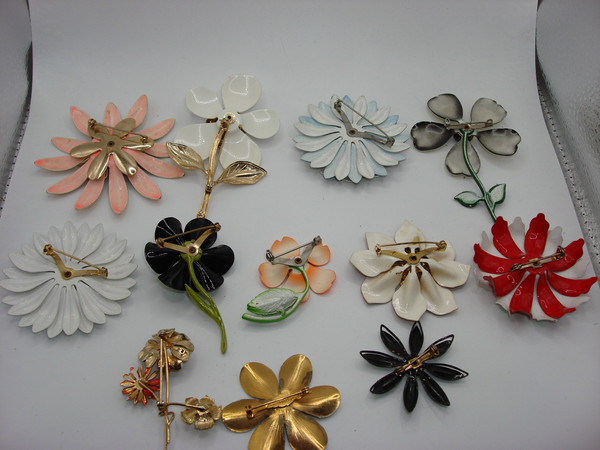 Vintage Enamel Floral Pins Set (12 pcs) 1940s-50s,  Unique Designs & Sizes