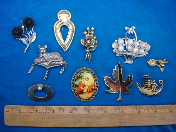 Vintage Estate Jewelry Lot of 10 Unique Costume Pins - Assorted Designs