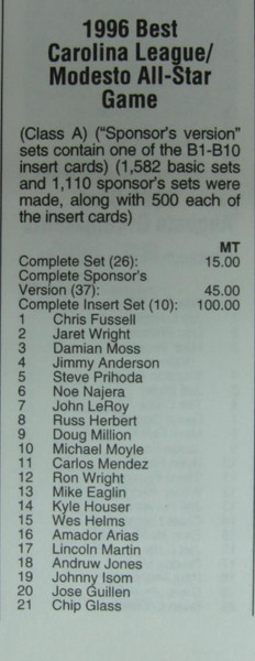 1996 Carolina League All-Star Set w/ Jose Guillen B9 Insert (Jones, Tejada, Casey) -  Sponsor Version