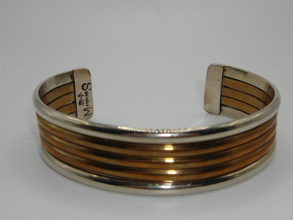 Vintage Native American Cuff Bracelet by M.S., Sterling Silver & Copper, Signed & Hallmarked