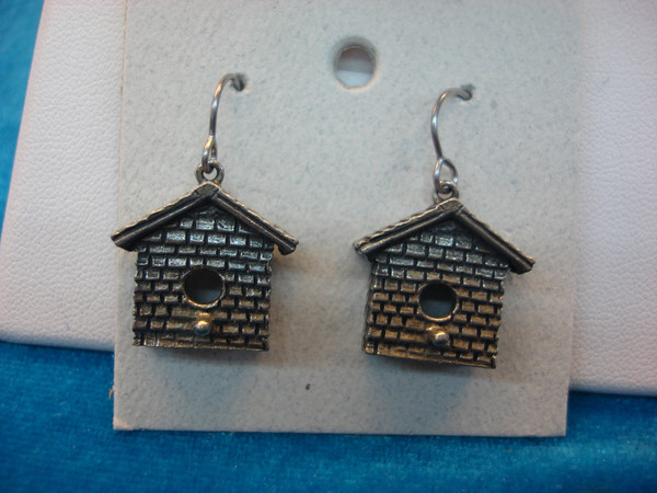Handcrafted Pewter Birdhouse Earrings by Jim Clift - Unique & Detailed Artisan Design