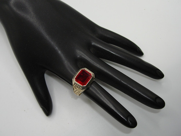 Antique Art Nouveau 10K Two-Tone Gold Synthetic Ruby Ring, Size 9.5
