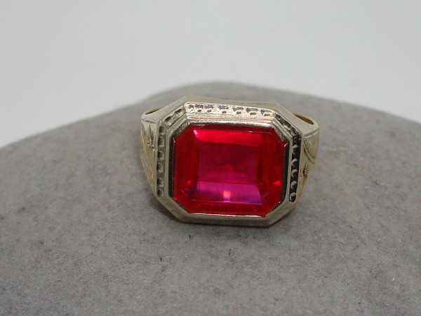 Antique Art Nouveau 10K Two-Tone Gold Synthetic Ruby Ring, Size 9.5
