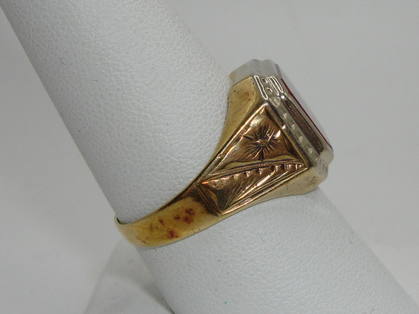 Antique Art Nouveau 10K Two-Tone Gold Synthetic Ruby Ring, Size 9.5