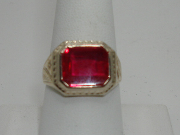 Antique Art Nouveau 10K Two-Tone Gold Synthetic Ruby Ring, Size 9.5