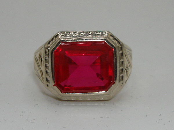Antique Art Nouveau 10K Two-Tone Gold Synthetic Ruby Ring, Size 9.5