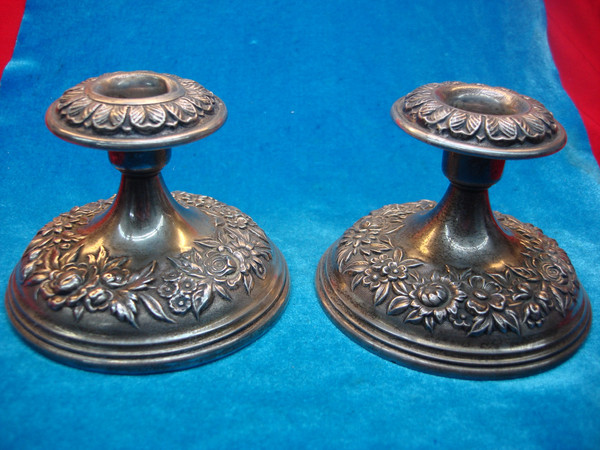Vintage S. Kirk & Son Sterling Silver Rose Floral Repoussé Candle Sticks (#109F) - Pair