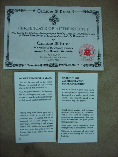Vintage Camrose & Kross Jackie Kennedy Faux Pearl Necklace - Estate Find with Certificate
