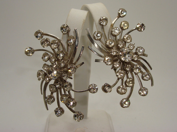 Vintage 1950s Rhinestone Clip-On Earrings - Huge Glamorous Foiled Design