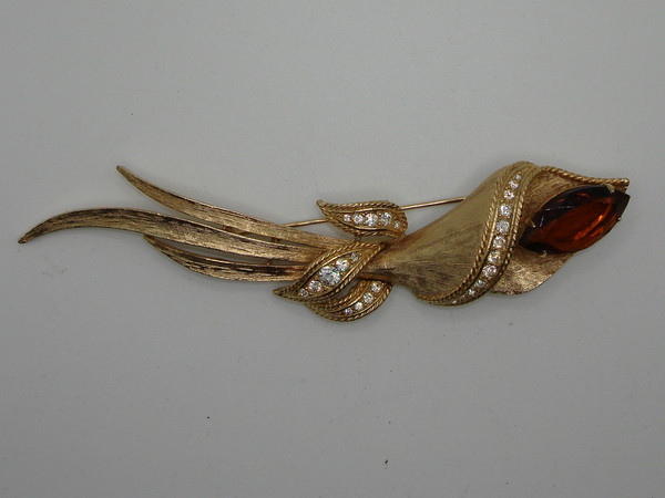 Vintage Sarah Coventry Brooch, Large Gold Tone Flower & Amber Rhinestone - Estate Find
