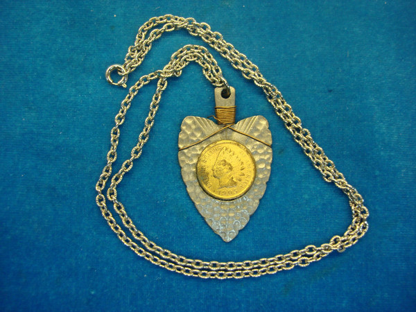Vintage 1905 Indian Head Cent Arrowhead Pendant Necklace - Silver Chain