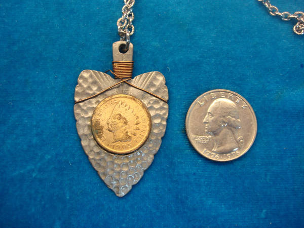 Vintage 1905 Indian Head Cent Arrowhead Pendant Necklace - Silver Chain