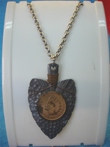 Vintage 1905 Indian Head Cent Arrowhead Pendant Necklace - Silver Chain