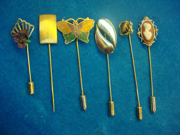 Vintage Stick Pin Set of 6 - Unique Estate Pins with Finger Guards