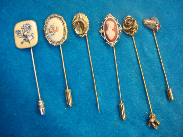Vintage Stick Pin Collection (6 Pieces) - Unique Enamel & Designs, Some With Finger Protectors
