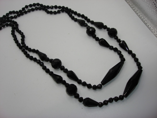Antique Edwardian Jet Mourning Necklace - Black French Beads, 30 Inches