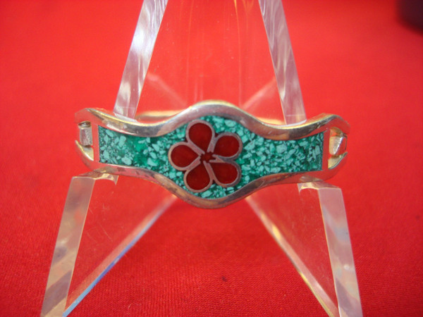 Vintage Mexico Sterling Silver Turquoise Hinged Bangle Bracelet - Red Enamel Floral Design
