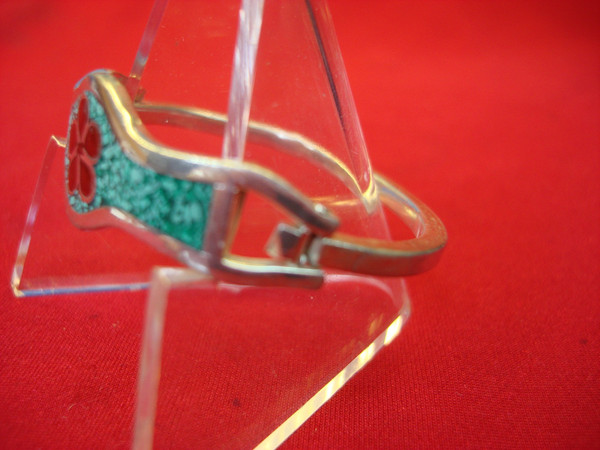 Vintage Mexico Sterling Silver Turquoise Hinged Bangle Bracelet - Red Enamel Floral Design