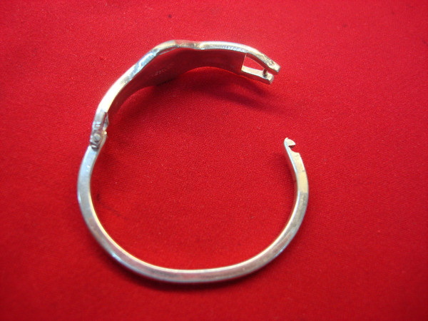 Vintage Mexico Sterling Silver Turquoise Hinged Bangle Bracelet - Red Enamel Floral Design