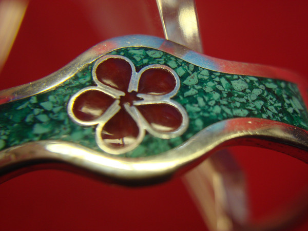 Vintage Mexico Sterling Silver Turquoise Hinged Bangle Bracelet - Red Enamel Floral Design