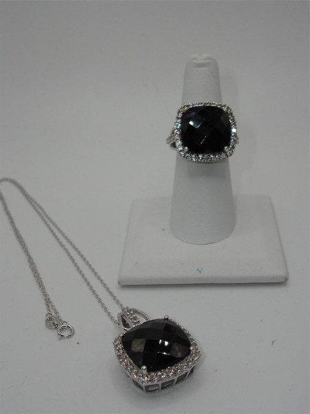 JWBR Sterling Silver Black Onyx & Topaz Pendant Necklace & Ring Set (Size 6.5)