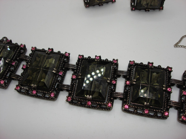 Vintage Sarah Coventry Black & Pink Rhinestone Bracelet & Earrings Set - 1970s