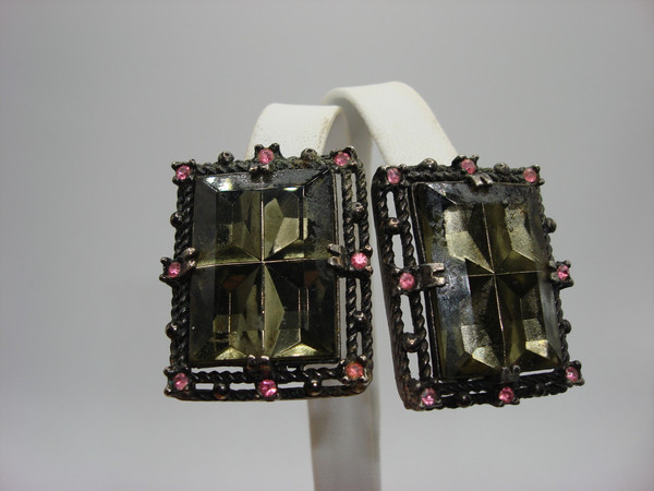 Vintage Sarah Coventry Black & Pink Rhinestone Bracelet & Earrings Set - 1970s