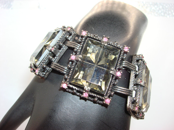 Vintage Sarah Coventry Black & Pink Rhinestone Bracelet & Earrings Set - 1970s