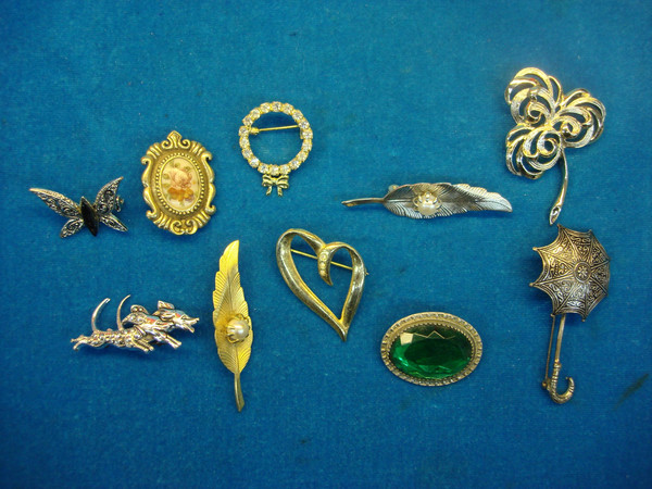 10-Piece Estate Jewelry Pin Collection - Unique & Usable Costume Pins