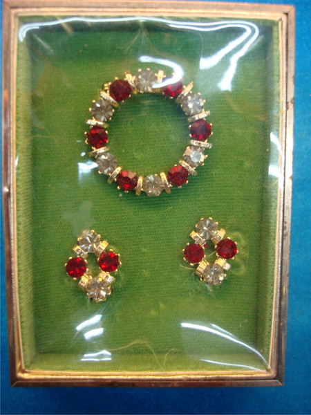 Vintage Red & Clear Stone Pin & Clip-On Earrings Set - Original Box