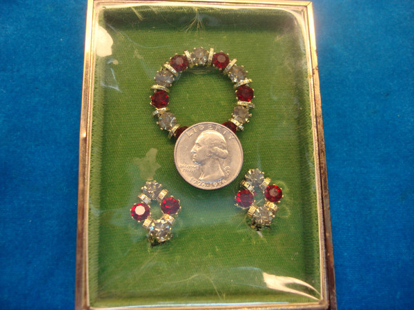 Vintage Red & Clear Stone Pin & Clip-On Earrings Set - Original Box