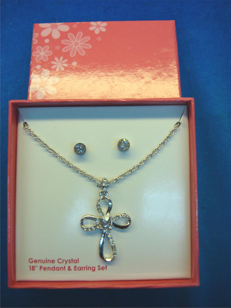 Vintage Cross Pendant Necklace & Stud Earrings Set - Estate Find, New in Original Box