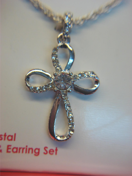 Vintage Cross Pendant Necklace & Stud Earrings Set - Estate Find, New in Original Box