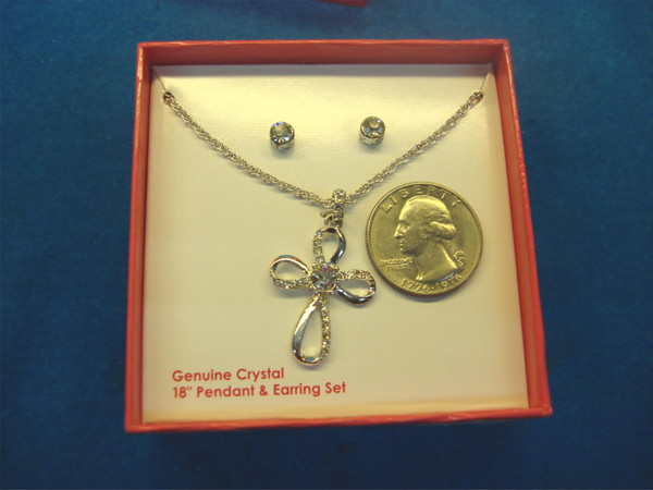 Vintage Cross Pendant Necklace & Stud Earrings Set - Estate Find, New in Original Box