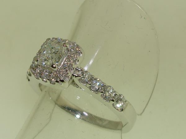 14K White Gold Halo Engagement Ring - 0.5ct Cushion Center Diamond, SI1 Clarity, Approx 1ctw