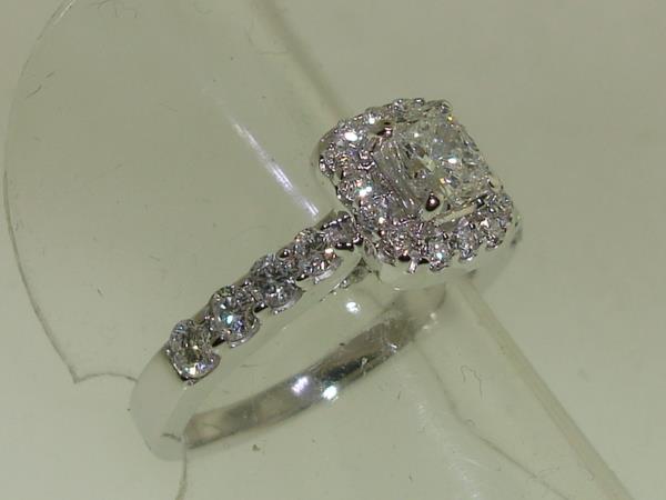14K White Gold Halo Engagement Ring - 0.5ct Cushion Center Diamond, SI1 Clarity, Approx 1ctw
