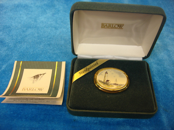 Barlowe Design Lighthouse Sailboat Pin - Handpainted, New in Original Box & Card