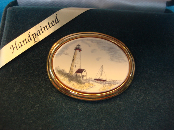 Barlowe Design Lighthouse Sailboat Pin - Handpainted, New in Original Box & Card