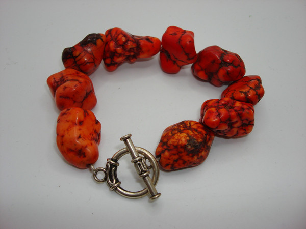 Red Turquoise Toggle Clasp Bracelet | 9 Polished Stones, 7 Inch