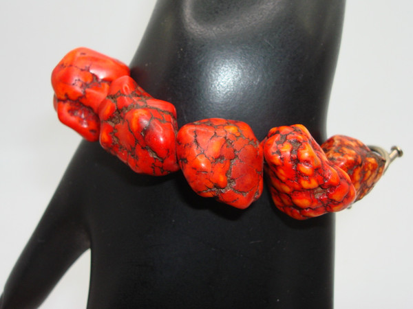 Red Turquoise Toggle Clasp Bracelet | 9 Polished Stones, 7 Inch