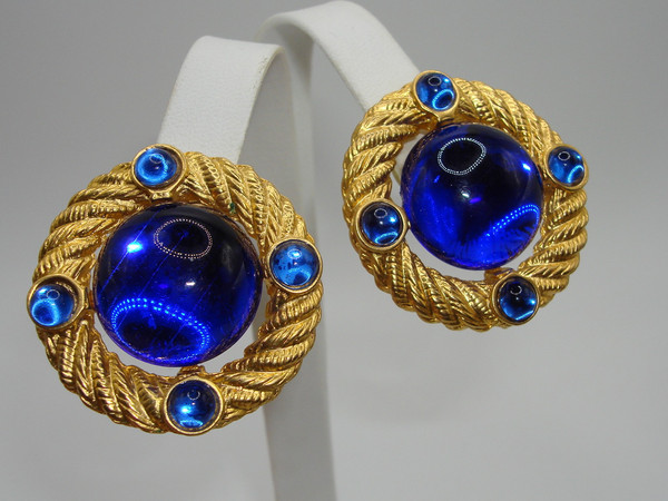 Vintage 1970s Park Lane Gold Tone Blue Glass Cabochon Earrings - Statement Jewelry