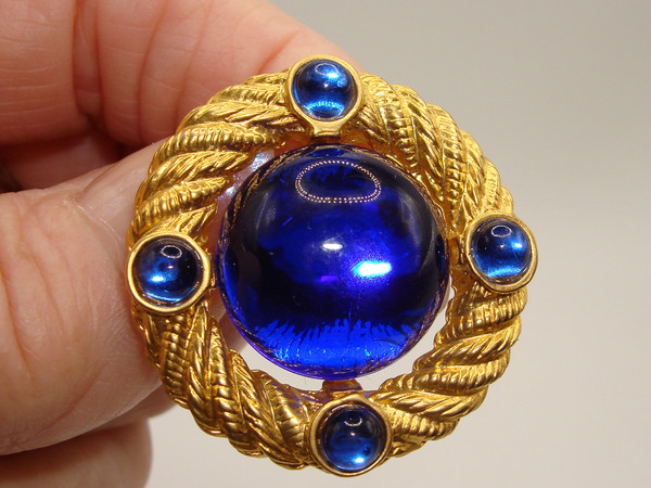 Vintage 1970s Park Lane Gold Tone Blue Glass Cabochon Earrings - Statement Jewelry
