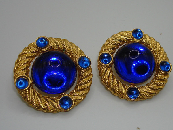Vintage 1970s Park Lane Gold Tone Blue Glass Cabochon Earrings - Statement Jewelry