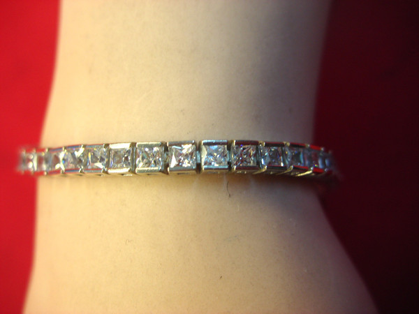 Sparkling Sterling Silver Bracelet with Square Clear Stones - Pre-Owned (7.5 inch)